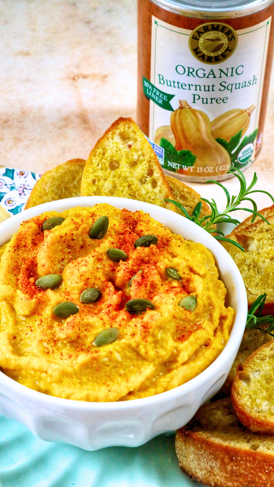 roasted garlic and butternut squash dip made with Farmer's Market Foods Organic Butternut Squash Puree