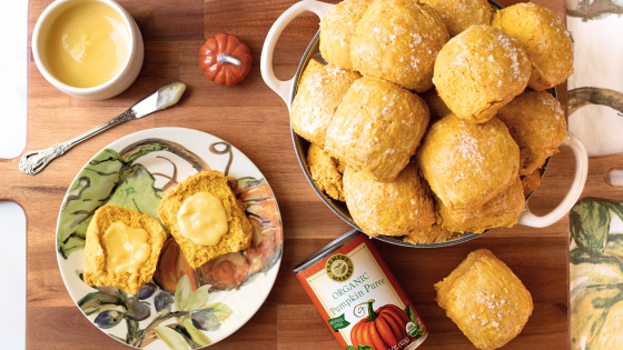 pumpkin dinner rolls flat lay