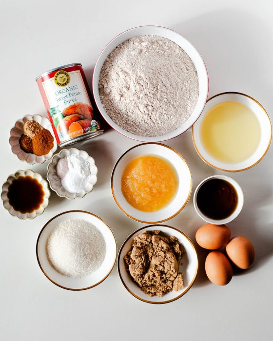 a shot of ingredients used to make sweet potato sheet cake