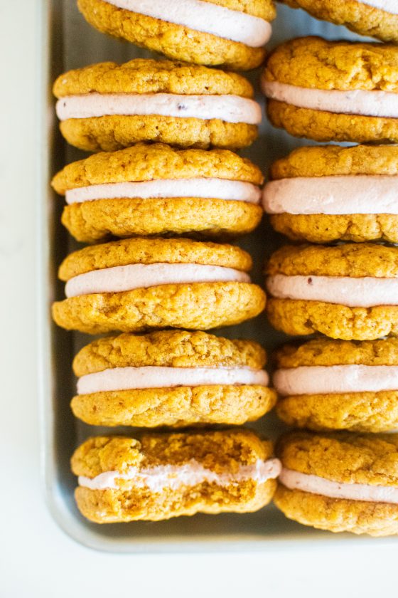 close up of pumpkin cranberry sandwich cookies